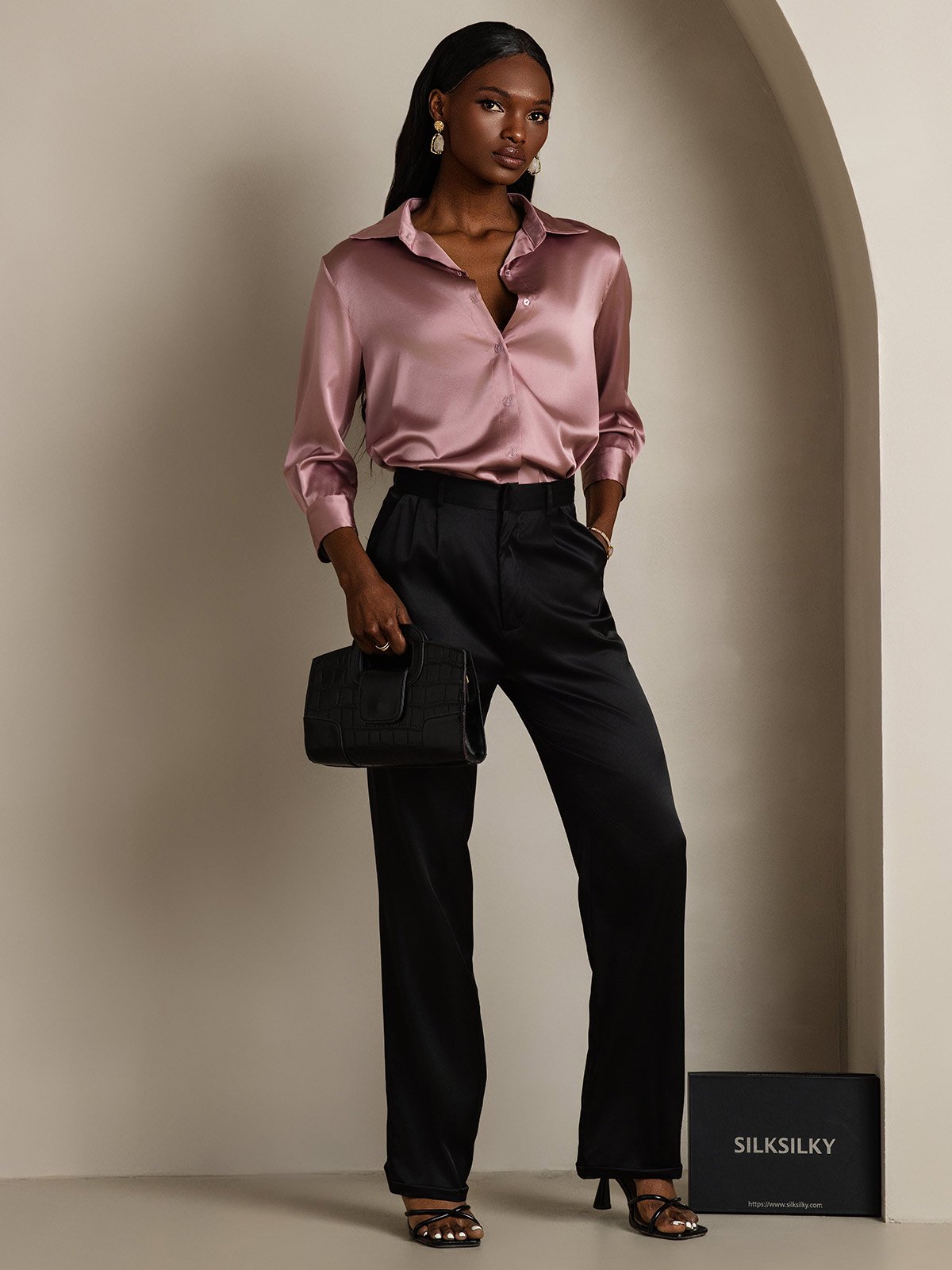 SilkSilky 19Momme Silk Long Sleeve Lapel Women's Shirt PaleMauve 007