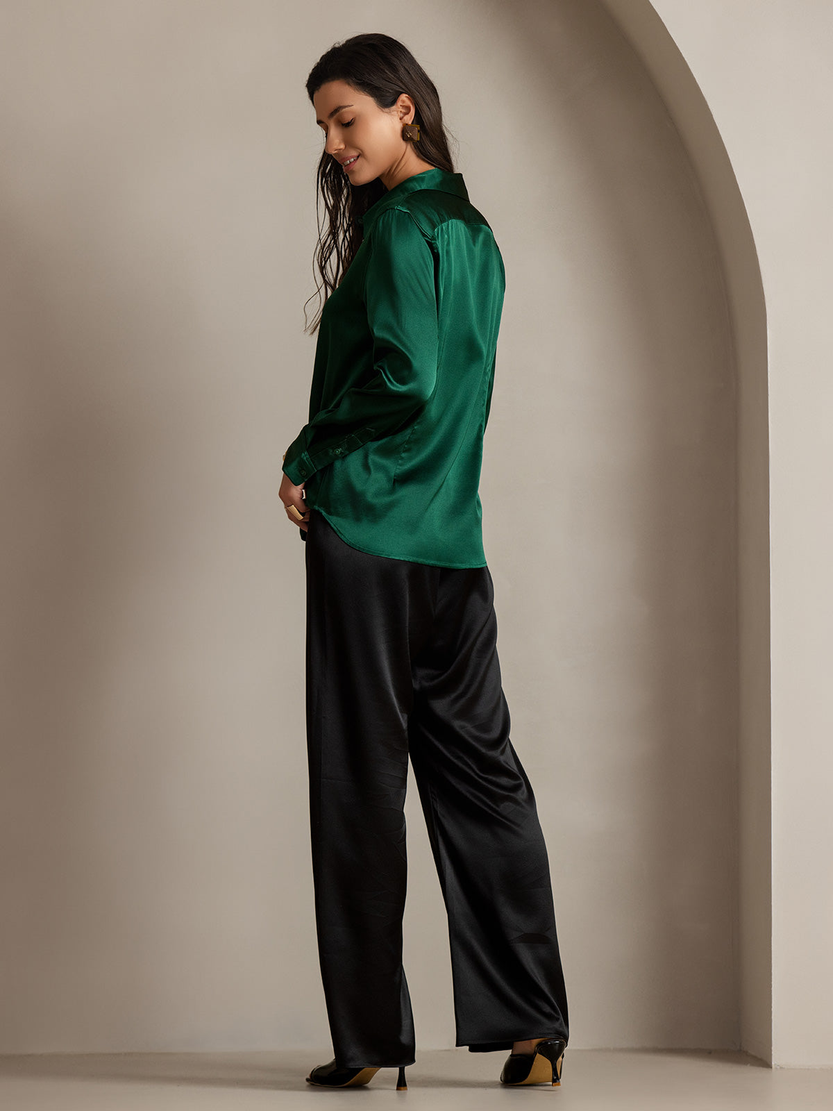 [Dark Green] SilkSilky  Silk Lapel Collar Women's Shirt 002