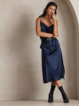 [Dark Blue] SilkSilky  19Momme Stretch Silk Charmeuse Spaghetti Strap Cowl Neck Camisole Top 005