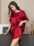 SilkSilky US Pure Silk Short Sleeve Round Neck Women's Pajamas Wine 003