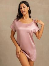 [Peach Skin] SilkSilky  19Momme Machine-Washable Silk Short Sleeve Round Neck Nightgown 003