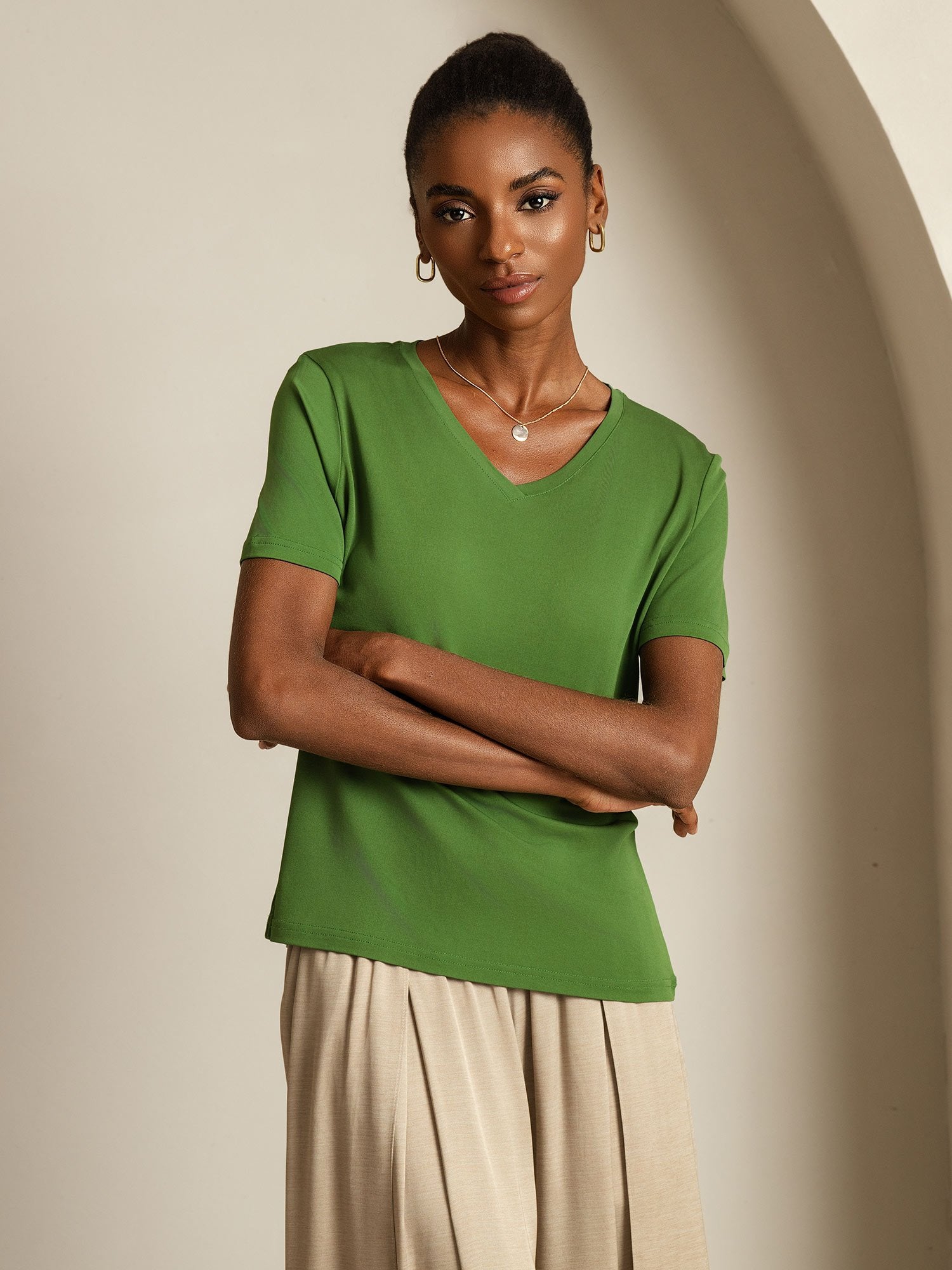 [Green] SilkSilky Pure Silk V Neck Women's T-Shirt 007