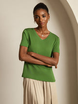 [Green] SilkSilky  Short Sleeve V Neck Women's T-Shirt 007