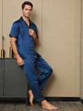 SilkSilky US 19Momme Pure Silk Short Sleeve Lapel Men's Pajamas DarkBlue 005