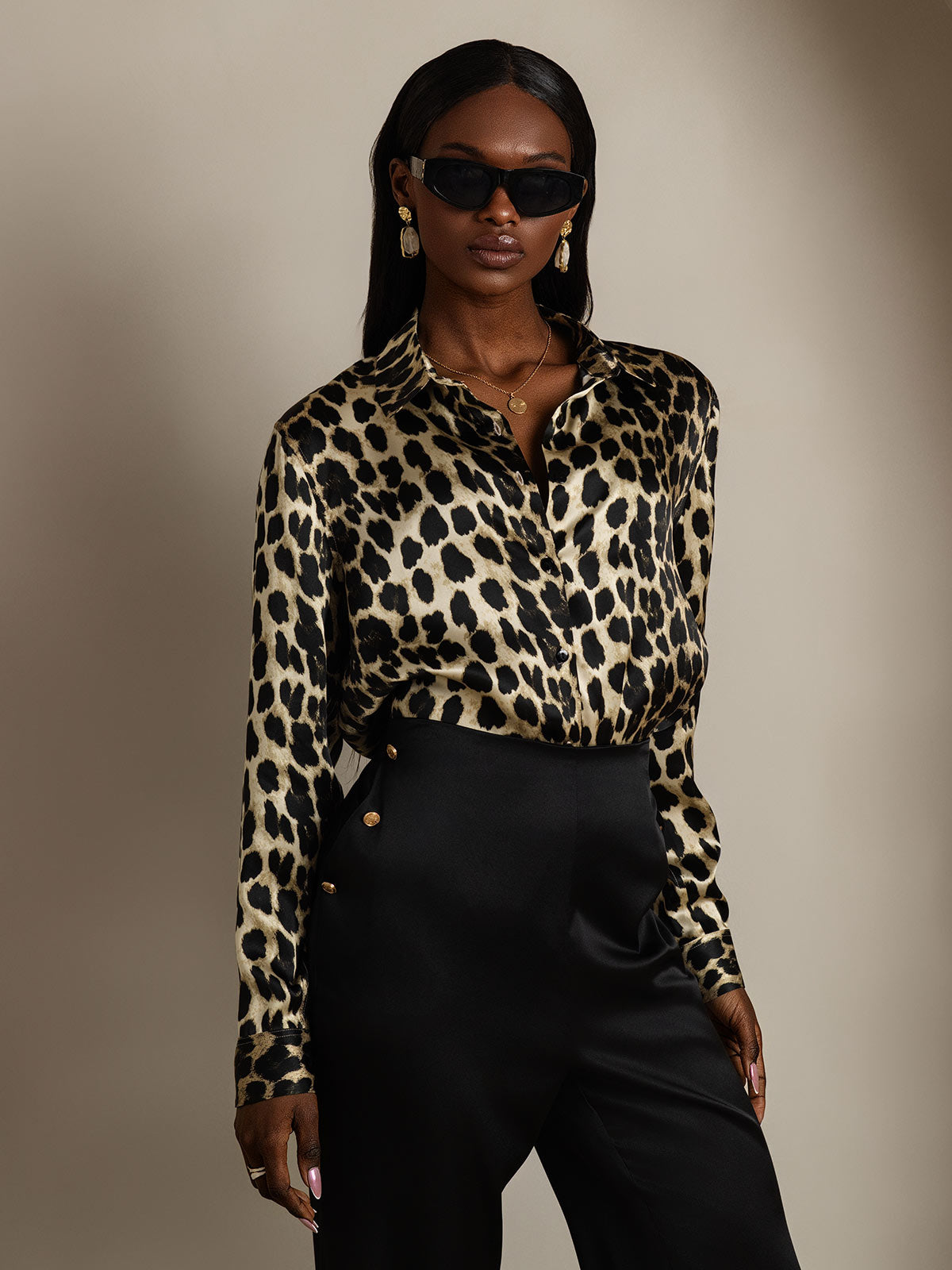 SilkSilky  Silk Long Sleeve Collar Women's Shirt Leopard 004