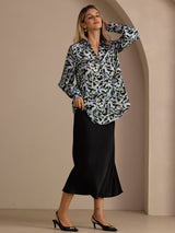 [Teal Leopard] SilkSilky Long Sleeve Lapel Collar Blouse 006
