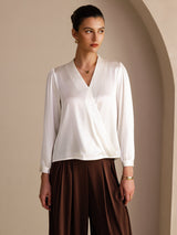 [White] SilkSilky Long Sleeve Wrap Women's Blouse 001