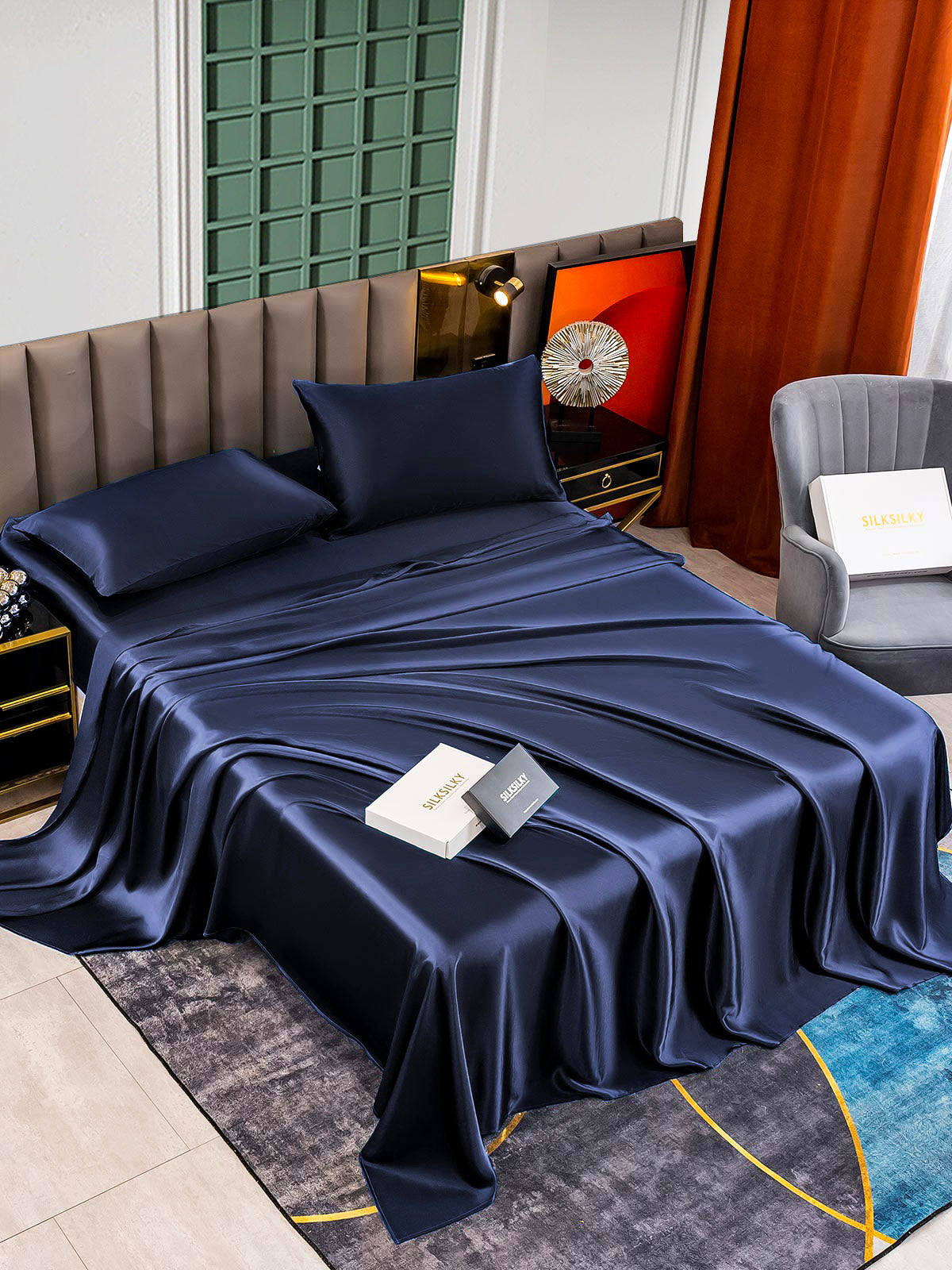 SilkSilky US 25Momme Pure Silk Bedding Set DarkBlue 003