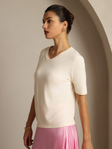 [Beige] SilkSilky  Short Sleeve V Neck Women's T-Shirt 006