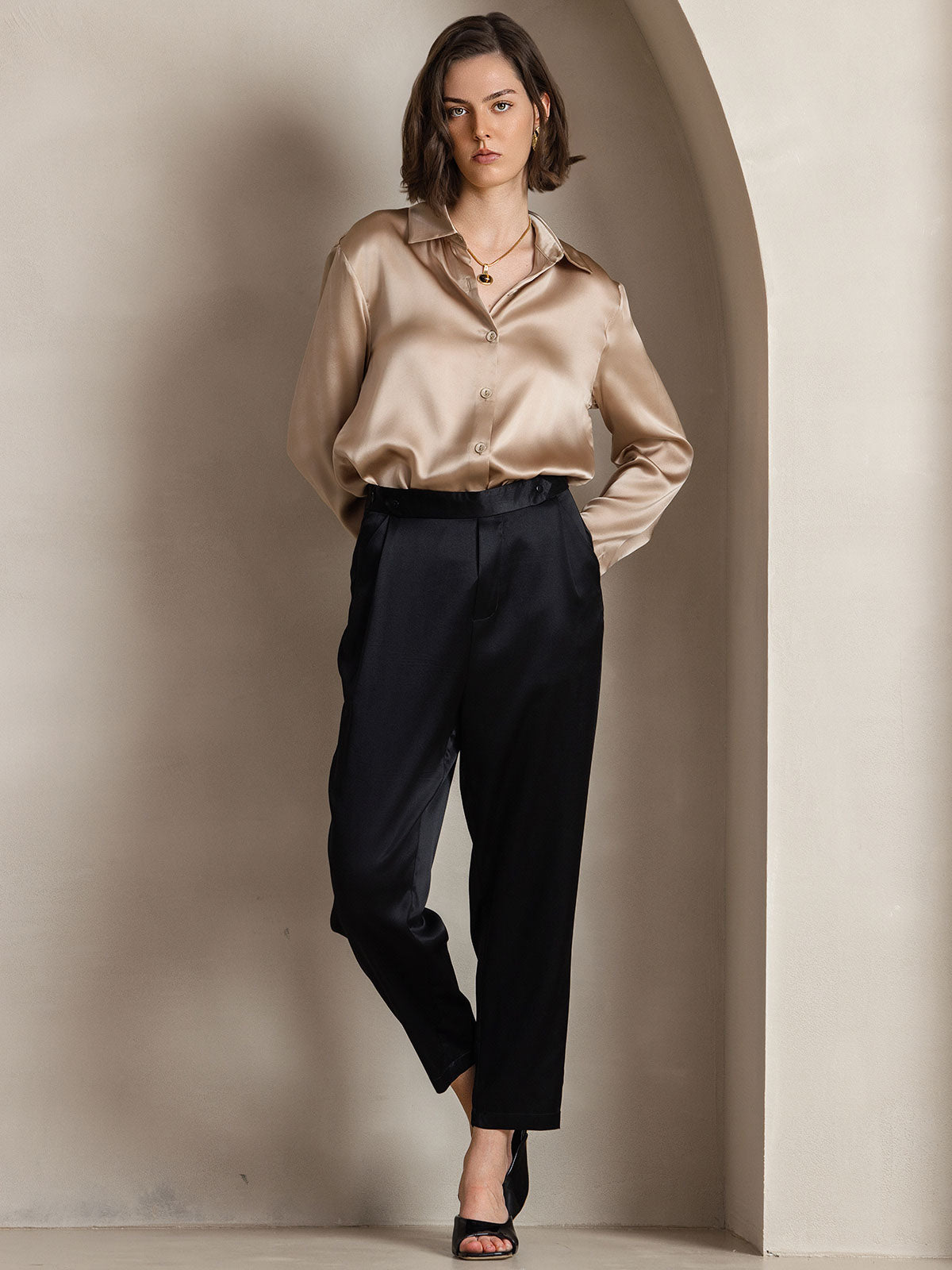 [Champagne] SilkSilky  Silk Lapel Collar Women's Shirt 006