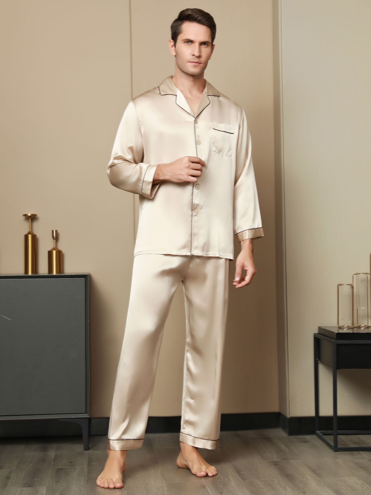 SilkSilky US Pure Silk Long Sleeve Lapel Men's Pajamas Tan 003