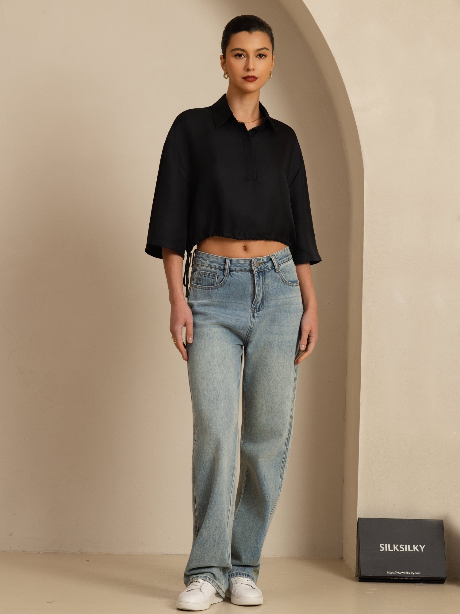 [Black] SilkSilky  18Momme Silk Satin Surah Half Sleeve Lapel Collar Blouse 006