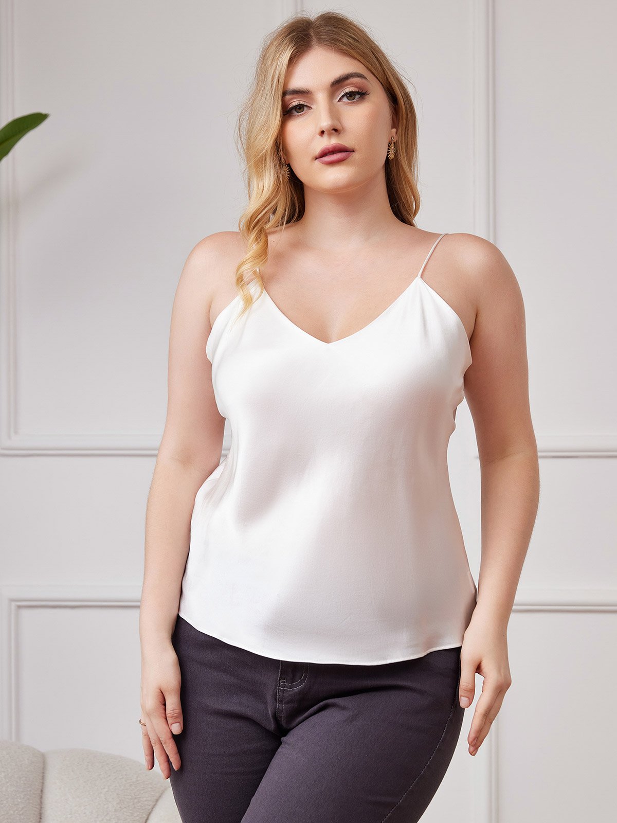 SilkSilky US Pure Silk Deep V Neck Plus Size Camisole Top White 001