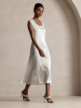 [White] SilkSilky  19Momme Stretch Silk Charmeuse Cap Sleeve Scoop Neck Dress 004