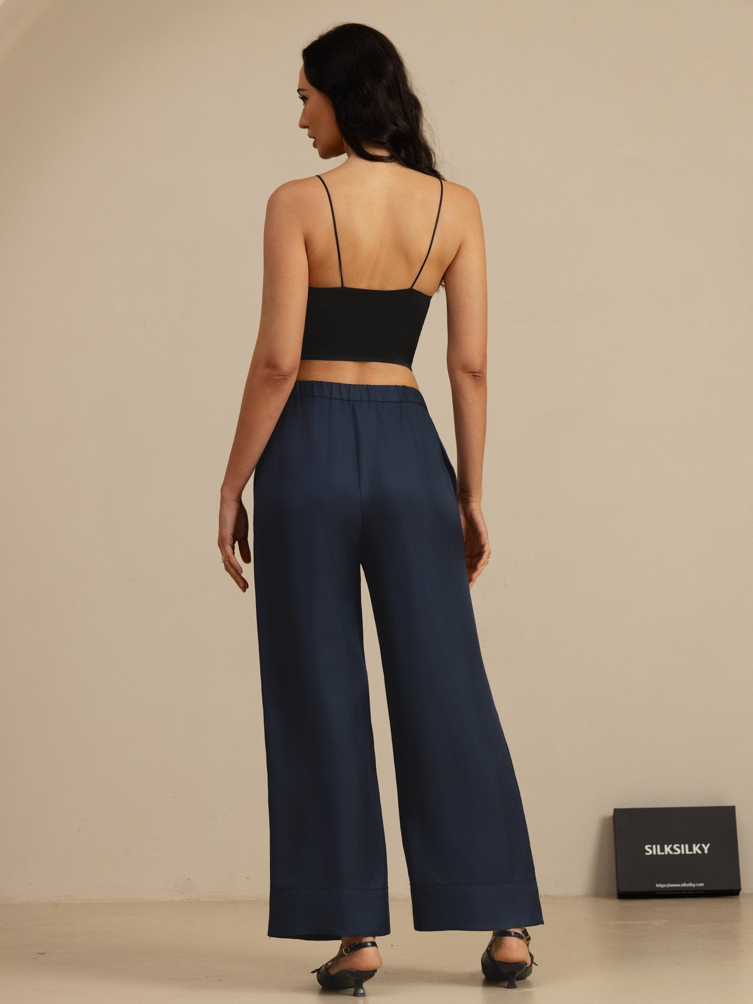 SilkSilky Women's Pure Silk High Waist Elastic Waist Pants With Pockets, Dark Blue / L(10/12)