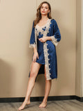 SilkSilky US Pure Silk 3/4 Sleeve Nightgown&Robe Set Blue 002