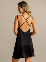 [Black] SilkSilky  Spaghetti Strap V Neck Nightgown 002