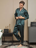 SilkSilky US 19Momme Pure Silk Long Sleeve Lapel Men's Pajamas DarkGreen 001