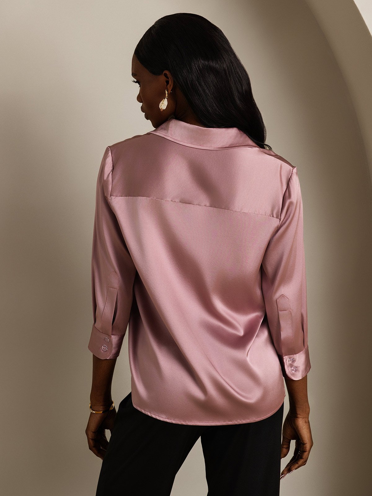 SilkSilky 19Momme Silk Long Sleeve Lapel Women's Shirt PaleMauve 002