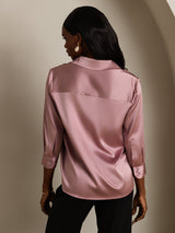 [Pale Mauve] SilkSilky  19Momme Stretch Silk Charmeuse 3/4 Sleeve Lapel Collar Women's Shirt 002