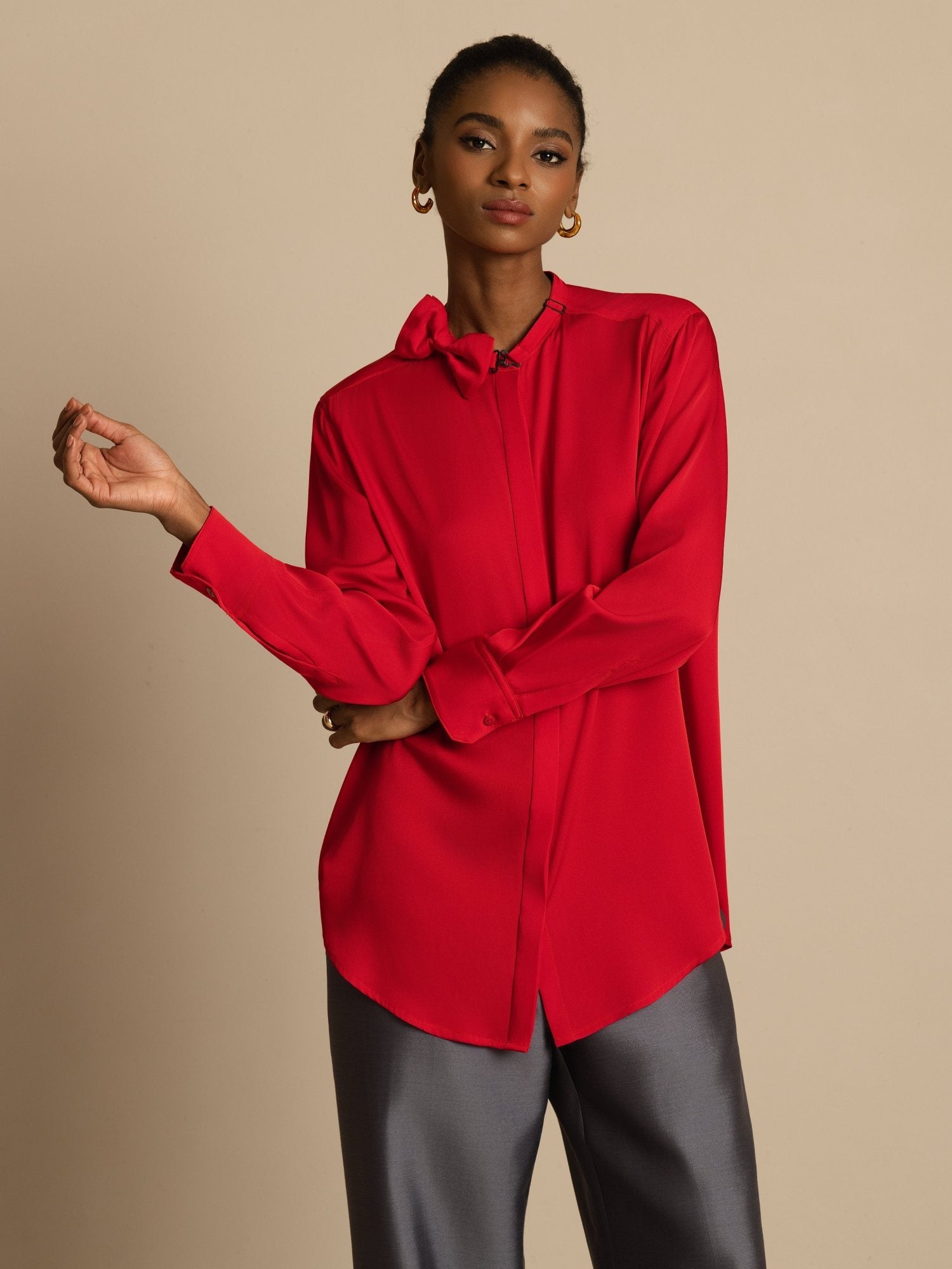 [Wine] SilkSilky 19Momme Silk Long Sleeve Collar Blouse 003