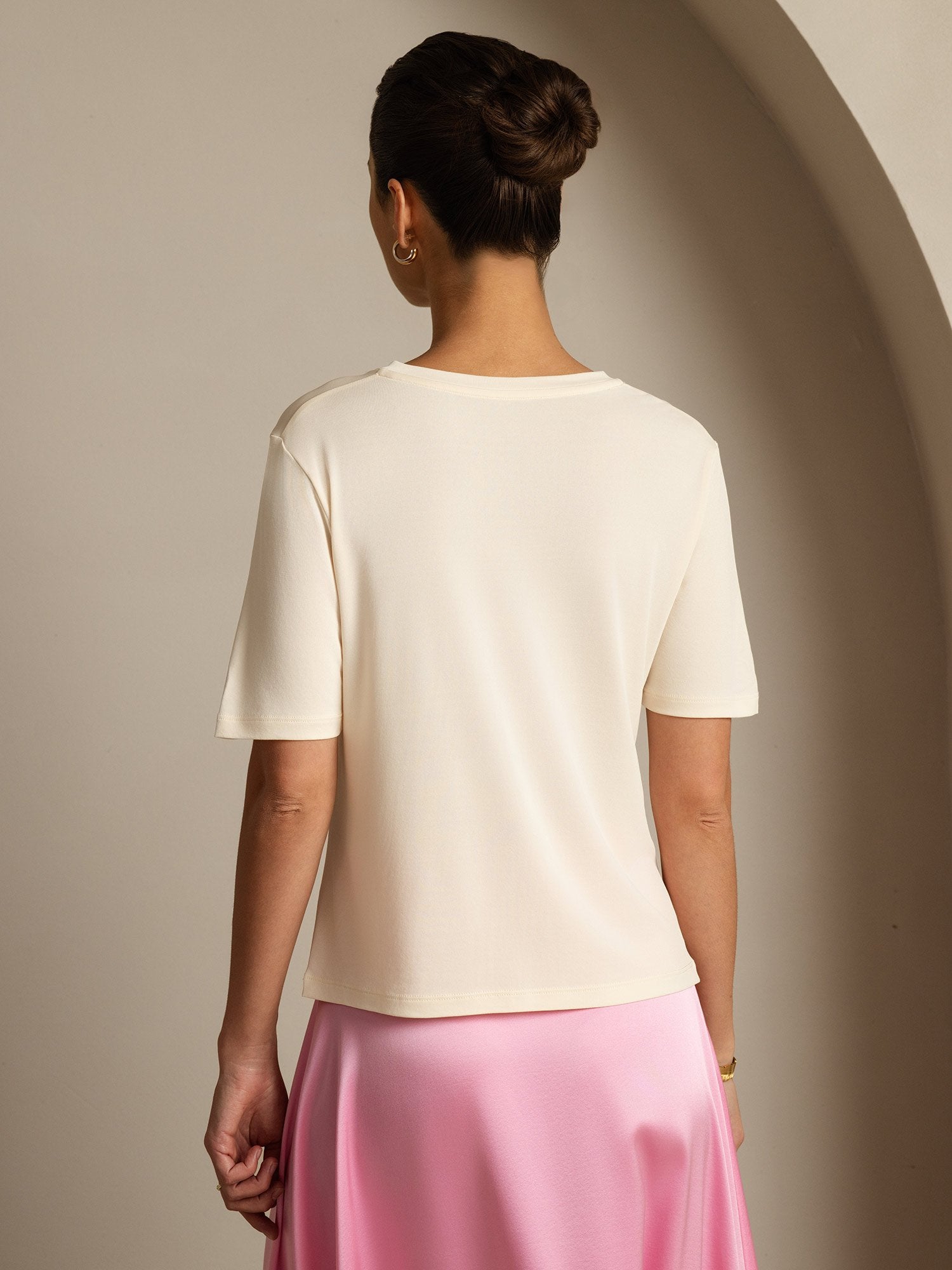 [Beige] SilkSilky Pure Silk V Neck Women's T-Shirt 002