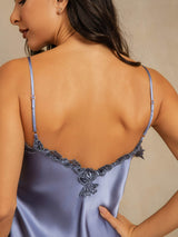 [Steel Blue] SilkSilky  Spaghetti Strap V Neck Nightgown 005