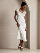 [White] SilkSilky  19Momme Stretch Silk Charmeuse Cap Sleeve Scoop Neck Dress 006