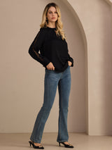 [Black] SilkSilky Long Sleeve Keyhole Neck Women's Blouse 007