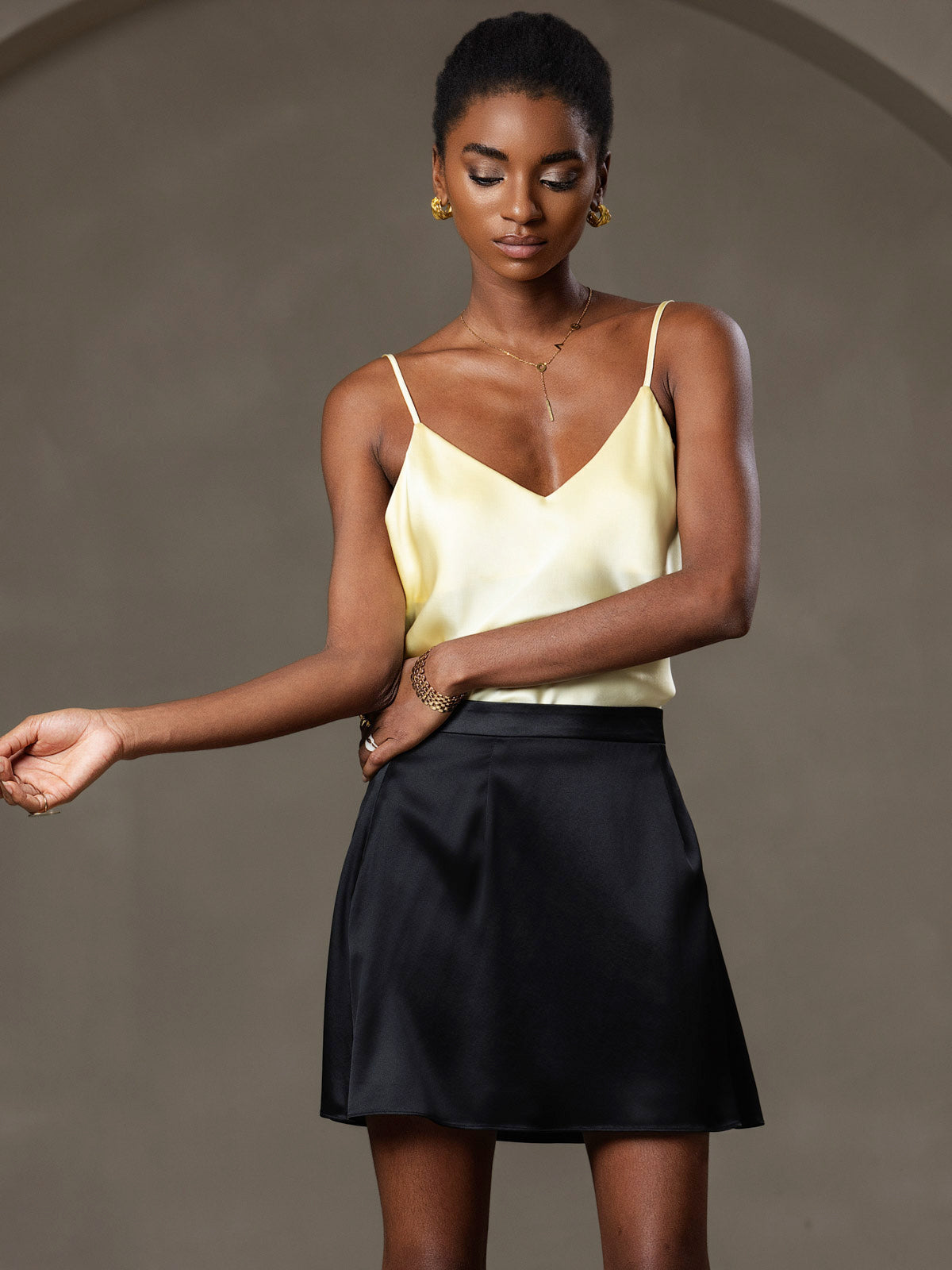[Light Yellow] SilkSilky  Pure Silk V Neck Camisole Top 007