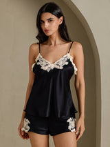 [Black] SilkSilky  Spaghetti Strap V Neck Camisole Set 006