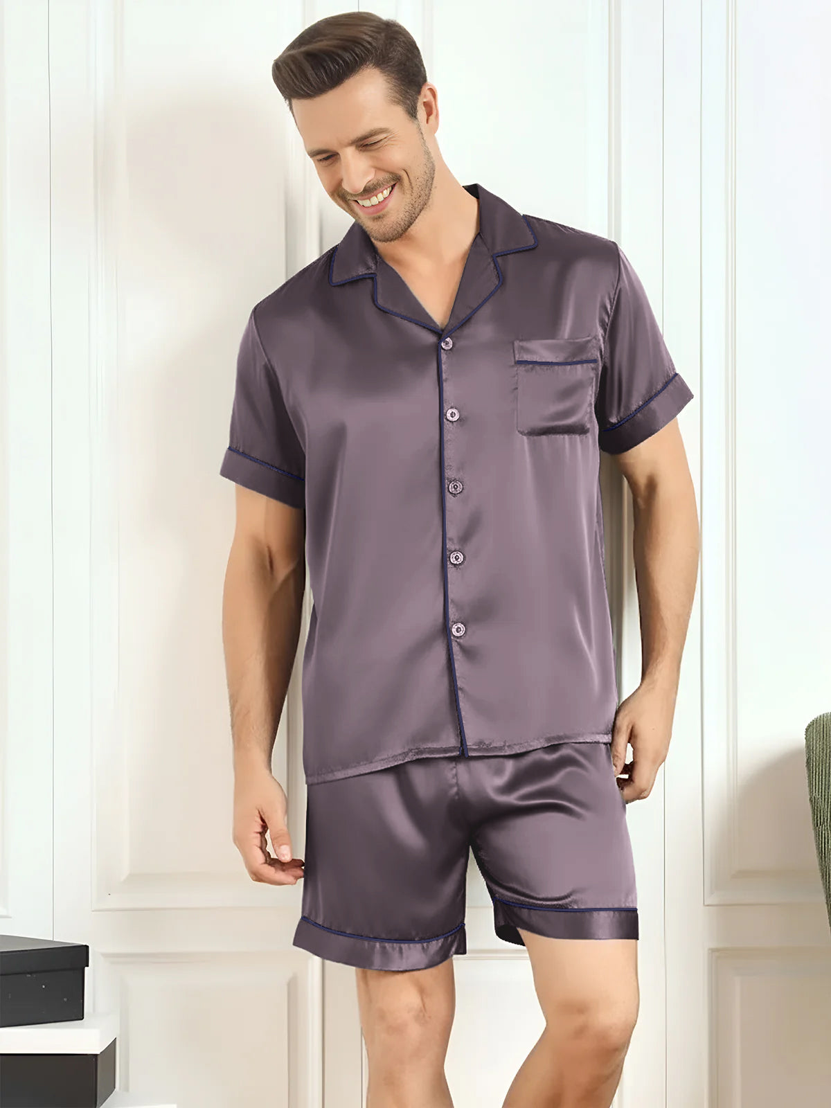 [Purple Gray] SilkSilky  Pure Silk Mens Pajamas 001,