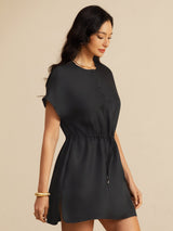 [Black] SilkSilky 18Momme Silk Satin Surah Cap Sleeve Henley Neck Dress 004