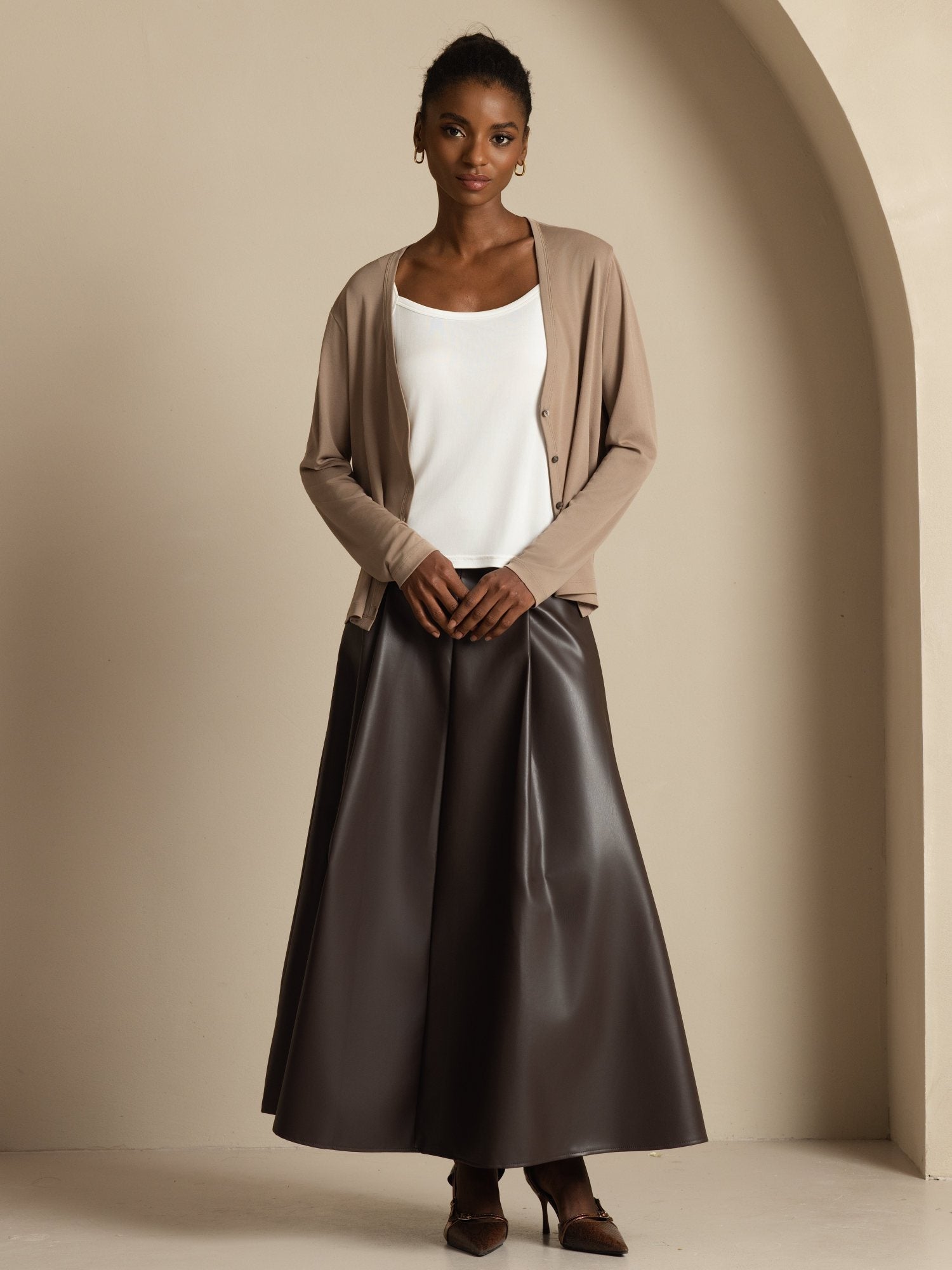 [Tan] SilkSilky Silk Long Sleeve V Neck Women's Cardigan 008