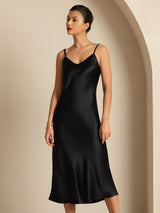 [Black] SilkSilky Spaghetti Strap V Neck Dress 006