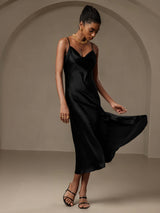 [Black] SilkSilky  Spaghetti Strap Cowl Neck Dress 005