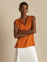 [Orange] SilkSilky Silk Sleeveless Cowl Neck Women's T-Shirt 003