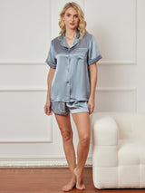 [Steel Blue] SilkSilky  Short Sleeve Notch Collar Women's Pajamas 003