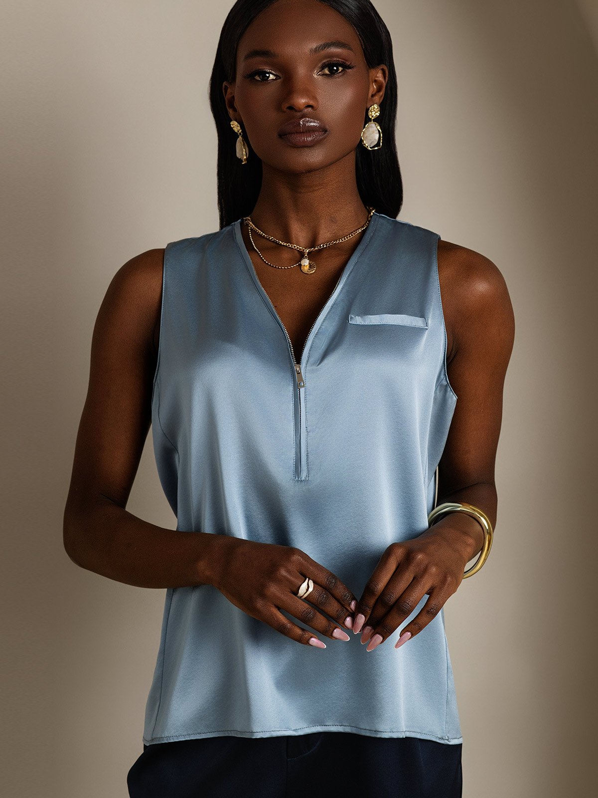 SilkSilky 19Momme Silk Sleeveless V Neck Women's Shirt GrayishBlue 003