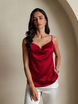 [Wine] SilkSilky  19Momme Stretch Silk Charmeuse Spaghetti Strap Cowl Neck Camisole Top 004