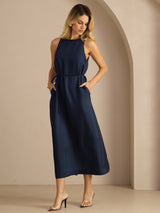 [Dark Blue] SilkSilky Sleeveless Crew Neck Dress 003