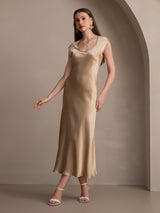 [Champagne] SilkSilky  19Momme Stretch Silk Charmeuse Cap Sleeve Scoop Neck Dress 006