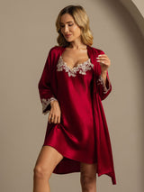 [Wine] SilkSilky  3/4 Sleeve V Neck Nightgown&Robe Set 003