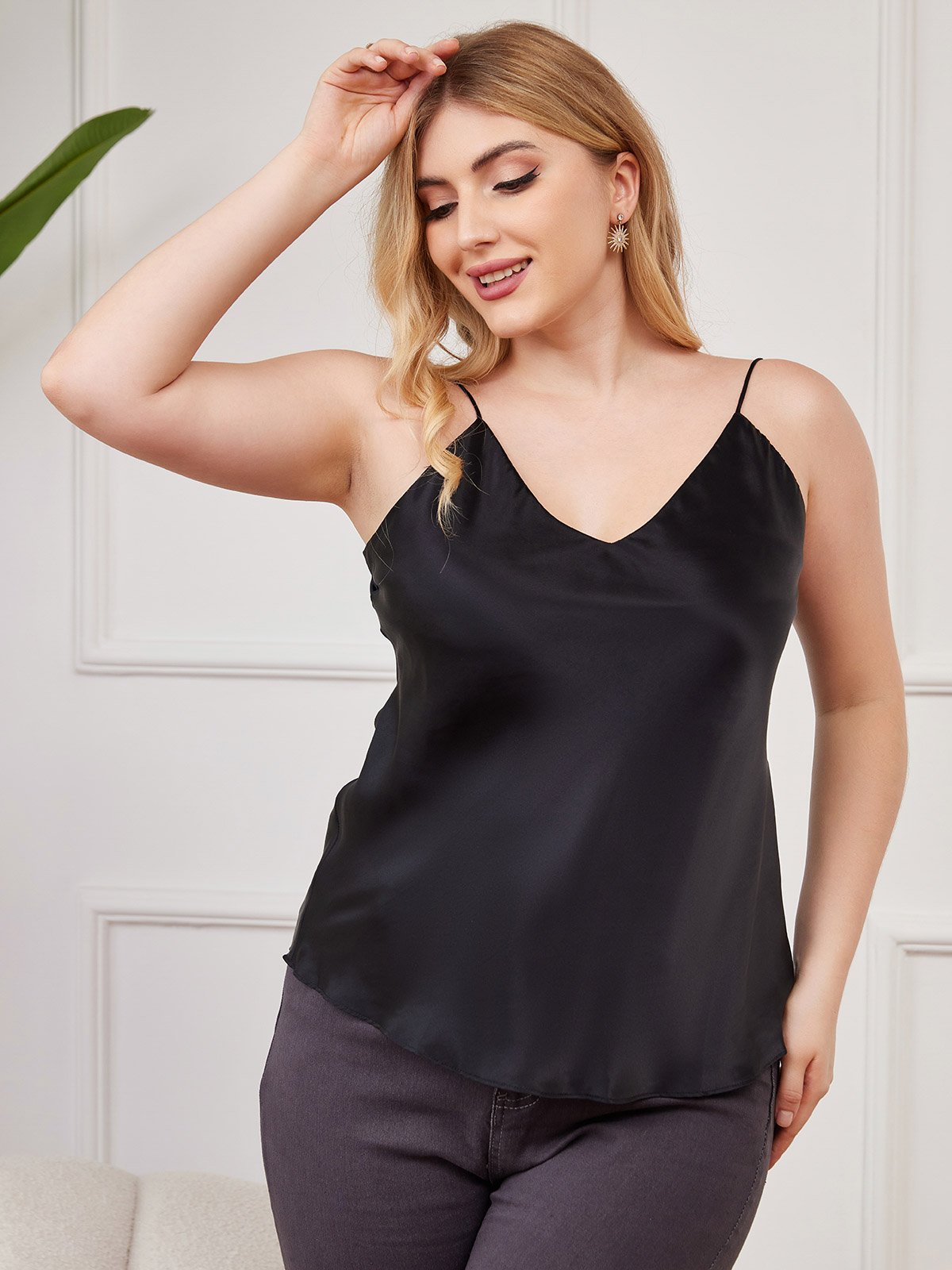 SilkSilky US Pure Silk Deep V Neck Plus Size Camisole Top Black 003