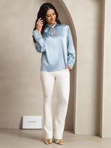 [Grayish Blue] SilkSilky  19Momme Silk Keyhole Neck Women's Shirt 013
