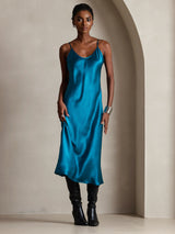 [Teal] SilkSilky  Spaghetti Strap V Neck Dress 005