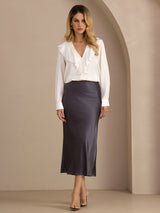 [White] SilkSilky Long Sleeve Deep V Neck Women's Blouse 006