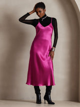 [Rose Red] SilkSilky  Pure Silk Spaghetti Strap V Neck Dress 001