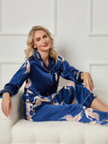 SilkSilky US 19Momme Pure Silk Long Sleeve Lapel Women's Pajamas DarkBlue 006