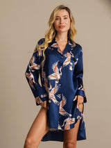 [Dark Blue] SilkSilky  19Momme Long Sleeve Notch Collar Nightshirt 006